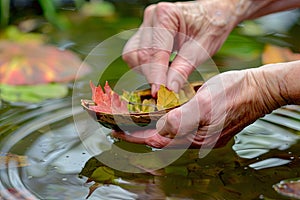 Person Holding Leaf in Water Pond