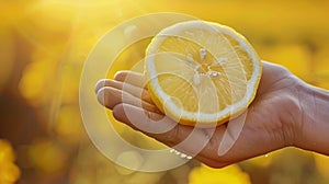 A person holding a lemon slice in their hand, AI