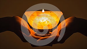 A person holding a lit candle in their hands with the light shining through, AI