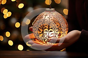 A person holding a lit christmas ornament in their hands created with generative AI technology