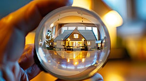 A person holding a magnifying glass with a house in the background