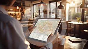 A person holding a magnifying glass over a digital map on a tablet, real estate investments, AI generate