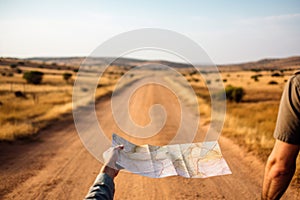 Person holding map on a dirt road. Concept of adventure and exploration
