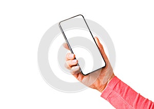 Person holding mobile phone with blank white screen