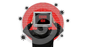 Person holding a monitor displaying error message with binary code in background and virus icons