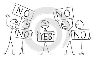 Person Holding No Sign, Disagree with Crowd with Yes Signs,Individuality Concept , Vector Cartoon Stick Figure