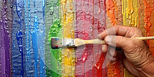 A person holding a paintbrush in front of a rainbow wall, carefully adding vibrant colors to create a work of art