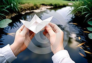 a person holding a paper boat in front of a pond