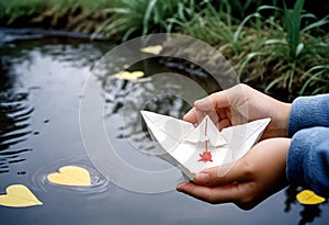 a person holding a paper boat that has a red star on it