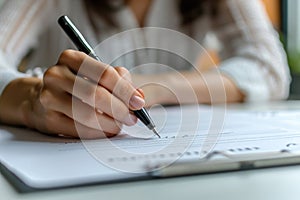 Person holding pen signs on paper capturing the moment of agreement or completion, education paperwork concept