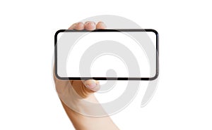 Person holding phone with empty white screen horizontally.