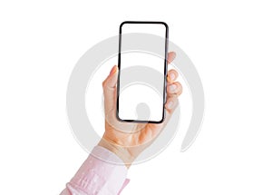 Person holding phone in hand with empty white screen.