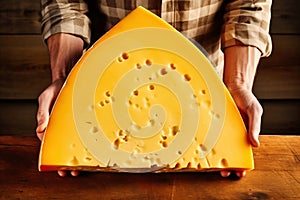 A person holding a piece of cheese in their hands. Homemade cheese production on a farm. Natural product. Close-up. Farming