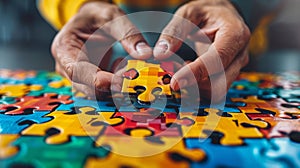 A person holding a piece of jigsaw puzzle on top of colorful table, AI