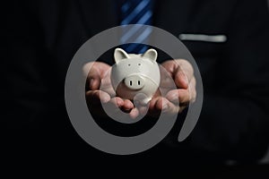 A person is holding a piggy bank, saving money and managing personal finances. Concept of increasing savings and savings by