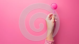 A person holding a pink spoon against a bright background, AI