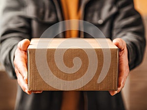Person holding a plain cardboard box with both hands