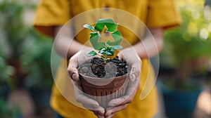 A person holding a plant in their hands with the recycling symbol on it, AI
