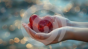 A person holding a red heart in their hands with bokeh lights, AI