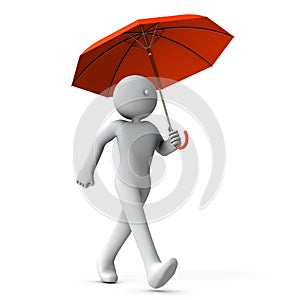 A person holding a red umbrella and walking with long strides. Comfortable light exercise. white background.