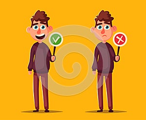 Person holding Right and Wrong Signs. Cartoon vector illustration