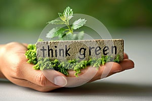 A person holding a sign that says think green, text think green.