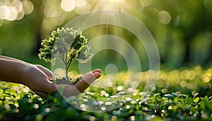 A person is holding a small tree in their hand by AI generated image
