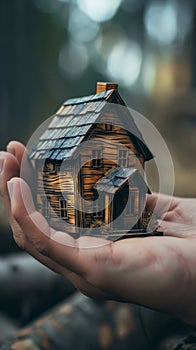 Person Holding Small Wooden House - a Symbol of Homeownership and Stability