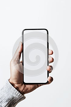 Person Holding Smartphone With Blank Screen Over Gray Background