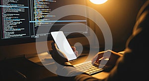 Person Holding Smartphone with Mockup Screen While Coding at Night
