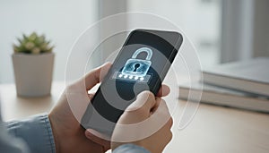 Person holding smartphone with digital lock and password