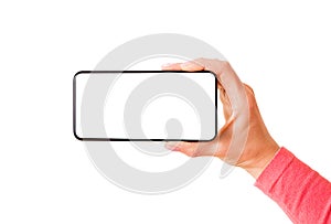 Person holding smartphone with empty white screen horizontally, isolated on white background