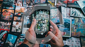 Person Holding Smartphone in Front of Wall of Comic Books