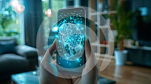 A person holding a smartphone with a glowing brain icon, representing artificial intelligence or data processing