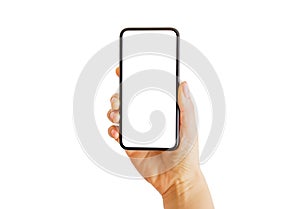 Person holding smartphone in hand. Mobile app mockup.