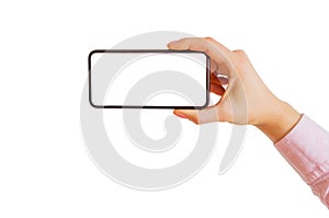 Person holding smartphone horizontally in one hand.