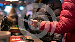 A person holding a smartphone with NFC technology uses it to make a payment at a cash register.