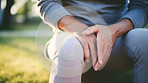 Person Holding Sore Knee Outdoors in Sunlight
