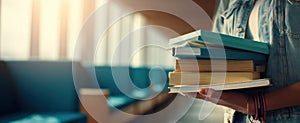 The person holding a stack of books in a modern library setting. AI generated image