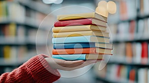 A person holding a stack of books in their hand, AI