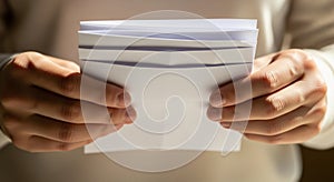 A person is holding a stack