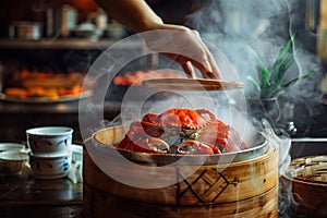 A person is holding a steaming crab in a bamboo container