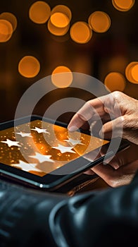 Person is holding tablet computer, with their hand touching screen. The tablet has four stars on it, and there are