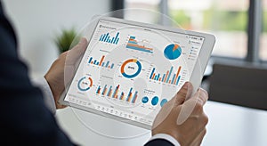A person is holding a tablet displaying various data analytics charts and graphs. The