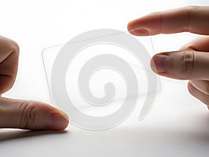 A person holding a thin transparent rectangular object