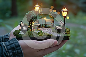 person holding a tiny park with benches and lights