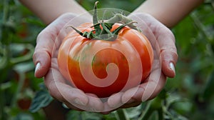 A person holding a tomato in their hands with the stem still attached, AI