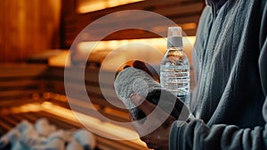 A person holding a towel and a water bottle standing in front of the sauna with a relaxed and refreshed expression.