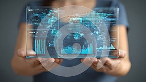 Global data analytics visualization on transparent screen held by person for business analysis