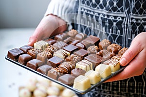 person holding a tray of assorted chocolate pralines